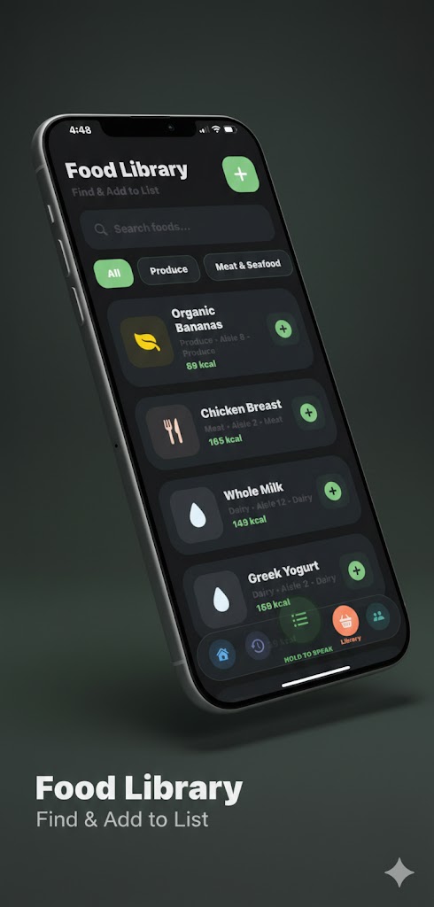 GroceryToGo Food Library showing items with calorie info and one-tap add to list
